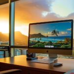 walnut desk with an iMac desktop computer , the computer's screen shows the "Instagram" logo, and a view of hawaii at sunset is visible behind from a large window.