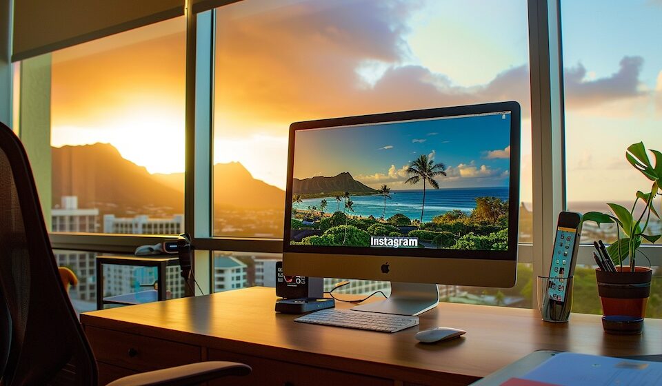 walnut desk with an iMac desktop computer , the computer's screen shows the "Instagram" logo, and a view of hawaii at sunset is visible behind from a large window.