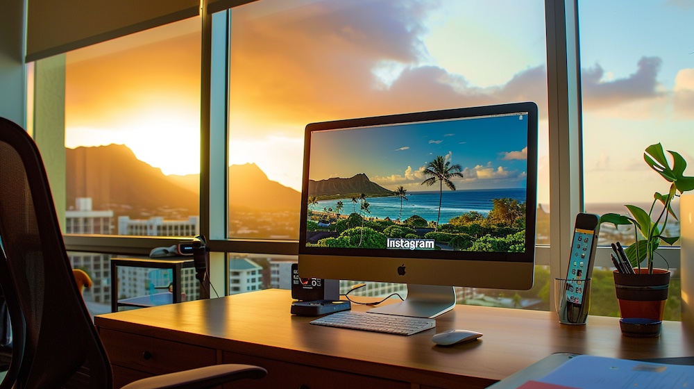 walnut desk with an iMac desktop computer , the computer's screen shows the "Instagram" logo, and a view of hawaii at sunset is visible behind from a large window.